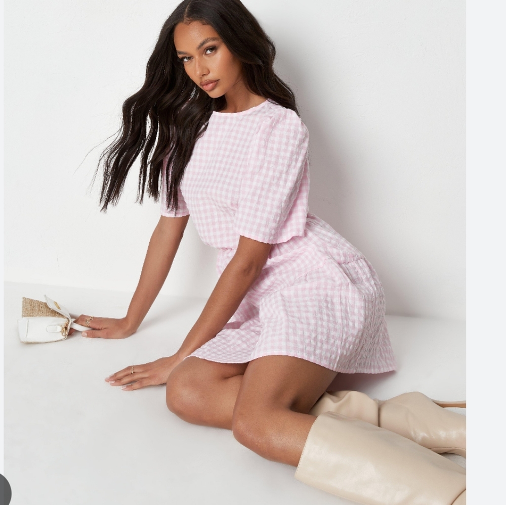 Missguided Gingham Tiered Smock Skater Dress Puff Sleeves Lightweight Linen Look